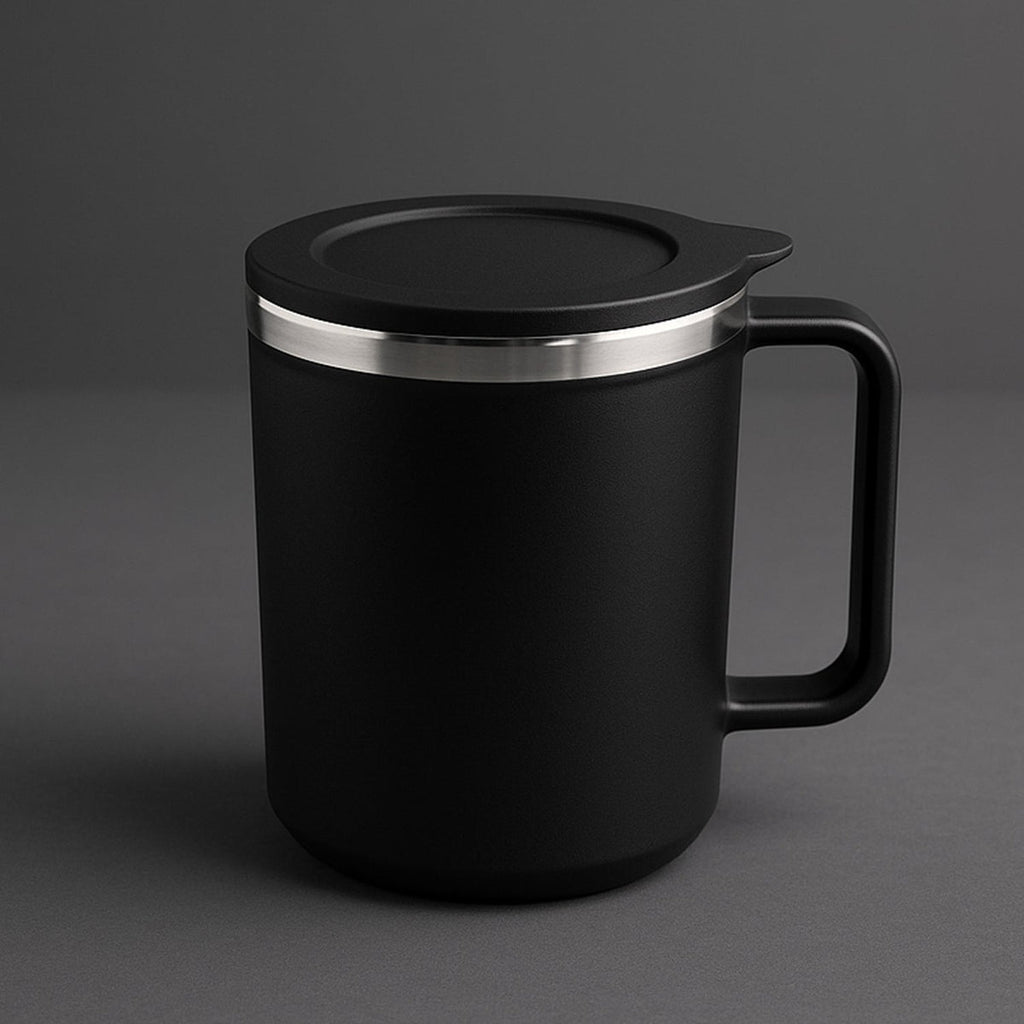 1 Pc Apex Happy Mug with Silicone Lid – 400ml Insulated Coffee/Tea Mug – Black Double Wall Travel Mug