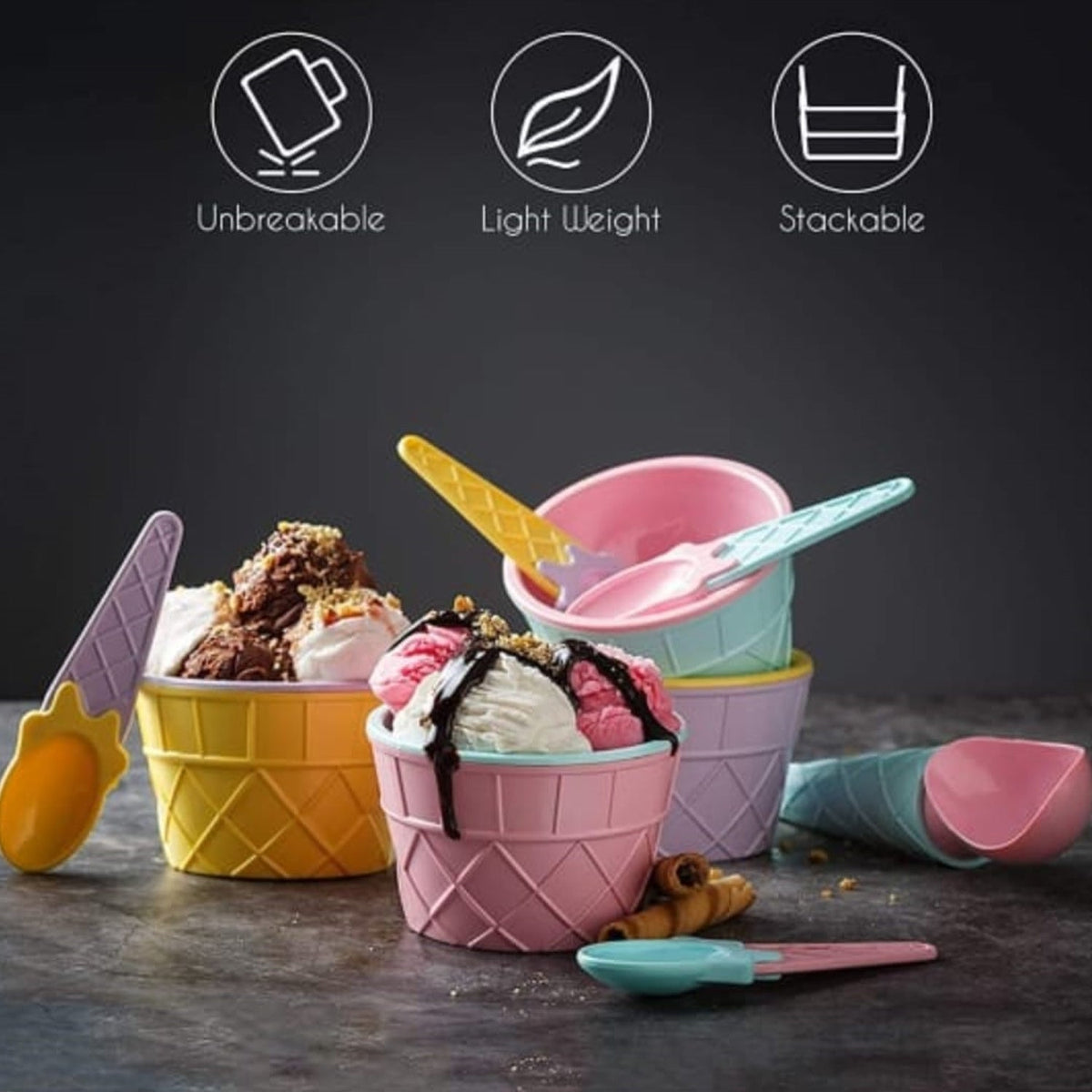 12-Piece Ice Cream Bowl & Spoon Set - Multicolor Plastic Dessert Cups