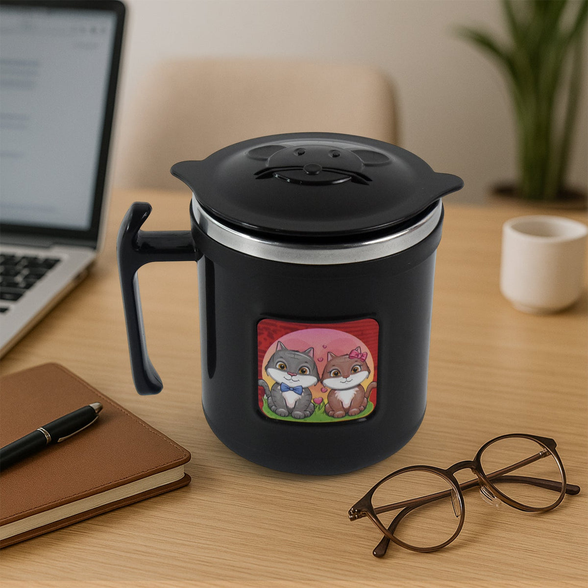 1 Pc Apex Cat Mug – 250ml Stainless Steel Insulated Mug with Cute Cat Print – Leak-Proof Lid for Kids & Gifting