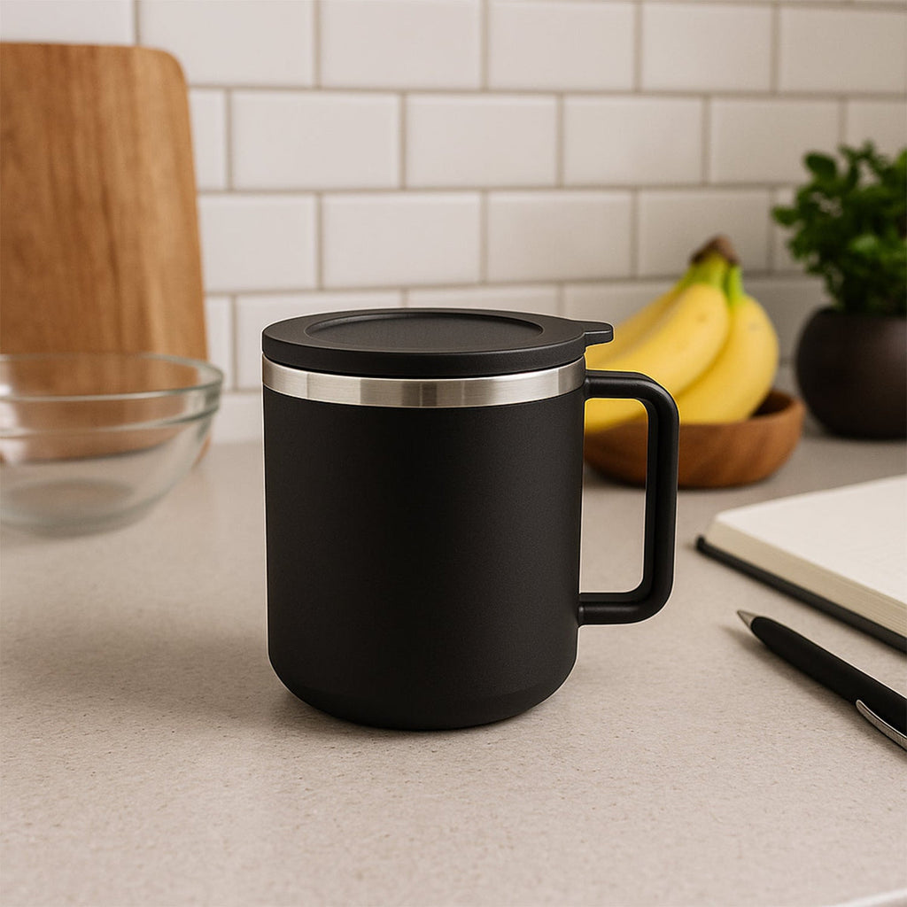 1 Pc Apex Happy Mug with Silicone Lid – 400ml Insulated Coffee/Tea Mug – Black Double Wall Travel Mug