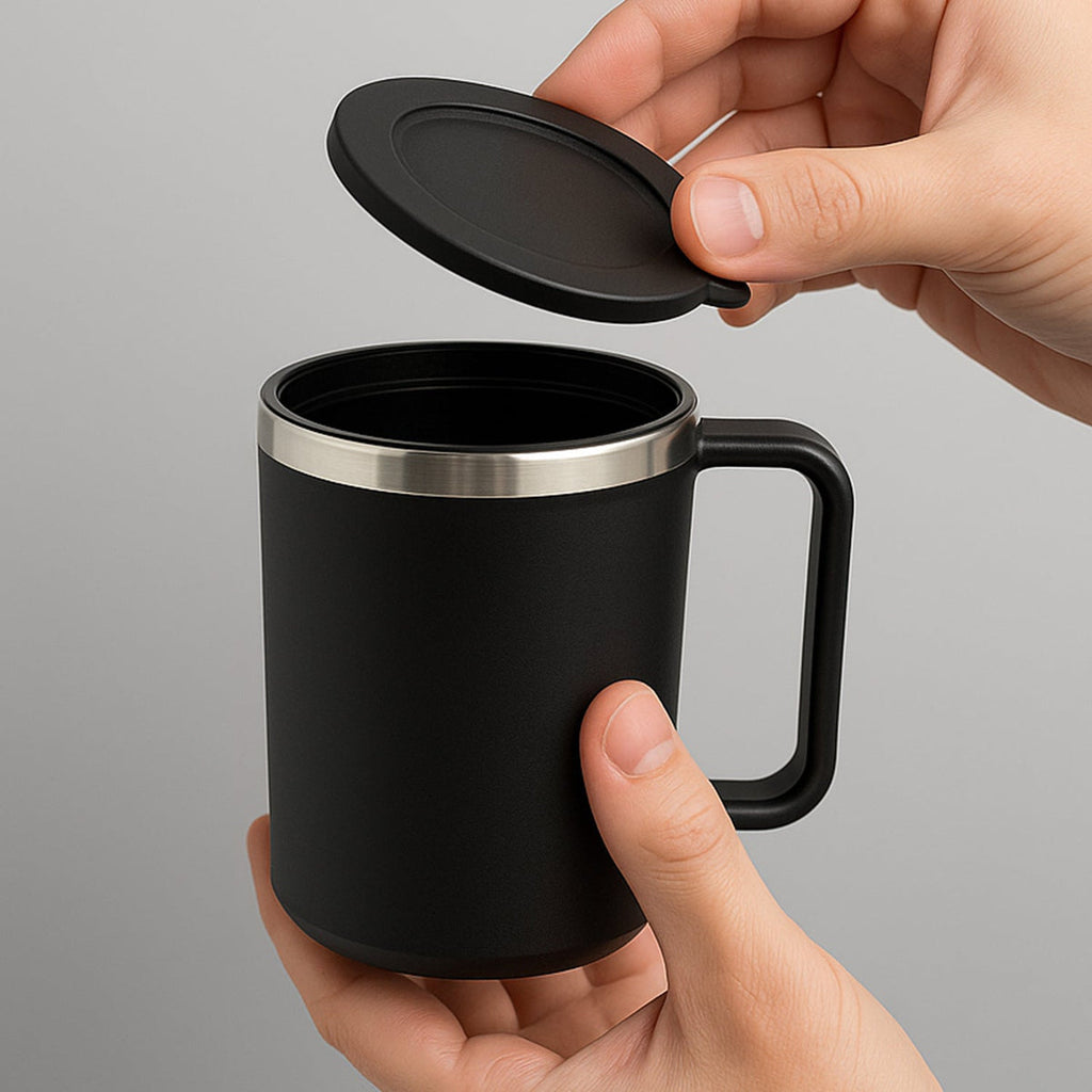 1 Pc Apex Happy Mug with Silicone Lid – 400ml Insulated Coffee/Tea Mug – Black Double Wall Travel Mug