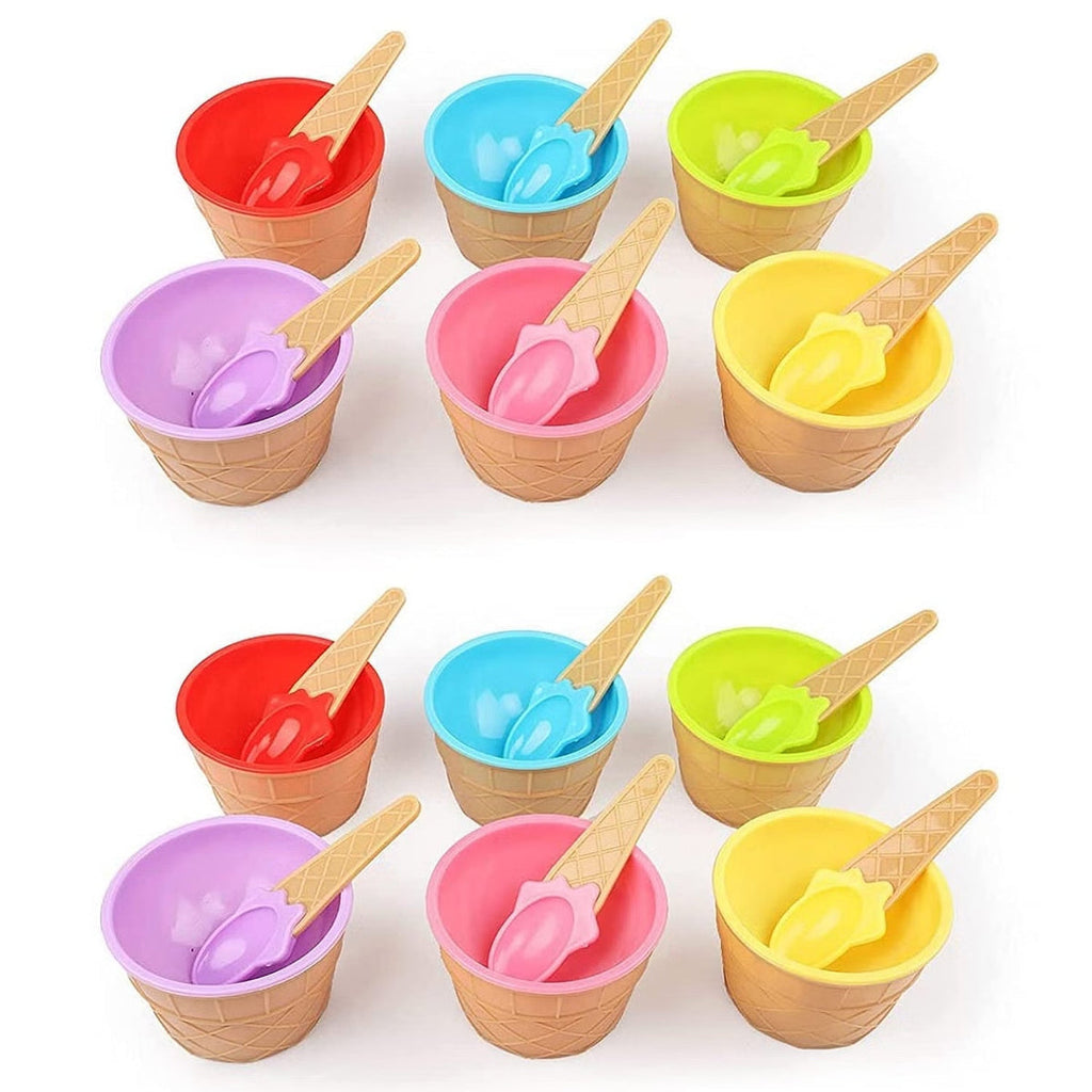 12-Piece Ice Cream Bowl & Spoon Set - Multicolor Plastic Dessert Cups
