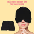 Black headache relief cap for migraines on a yellow background